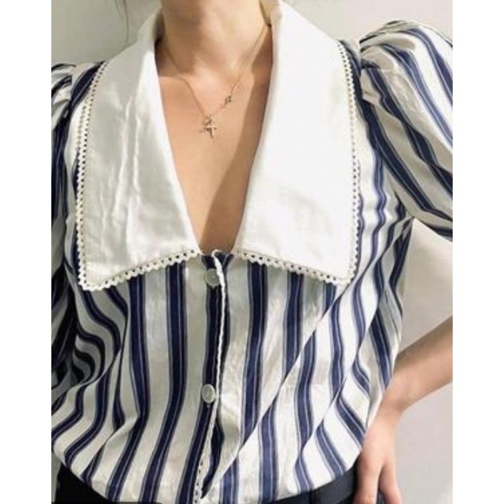 Sandro Paris Blue White Striped Peter Pan Collar Puff Sleeve Blouse Size 3 L